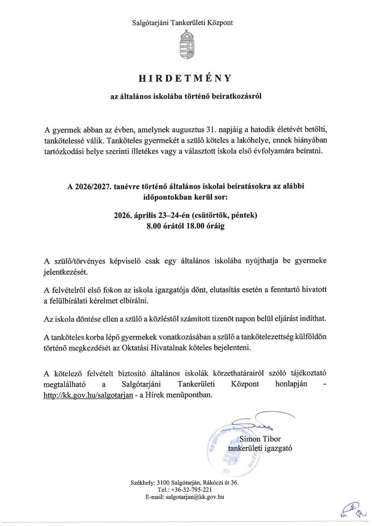 Hirdetmény az általános iskolába történő beiratkozásról